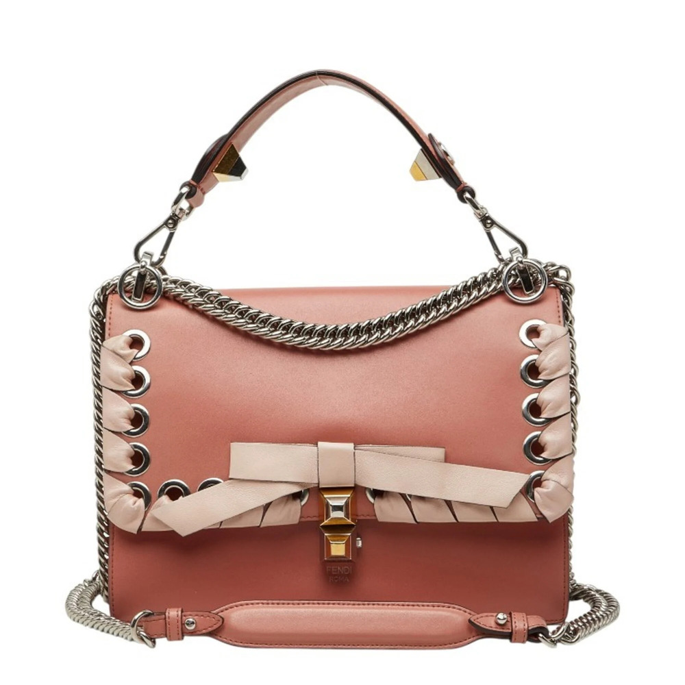 Fendi Kanai Chain Handbag Shoulder Bag 2-Way Ribbon 8BT283 Pink Leather Women...